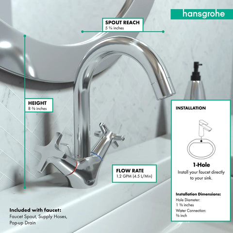 Logis Classic Low Flow Two Handle Bathroom Sink Faucet Chrome With Tall Nine Inch Spout And Slick Water Saving Tech Easy Over Counter Install Solid Brass Build Model 71270001 with highlighted installation features
