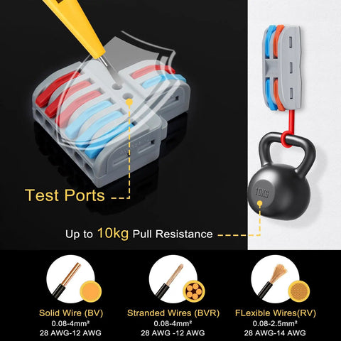 63-Piece Lever Wire Connector Kit For Home Wiring And Lighting showing test ports and weight capacity demonstration