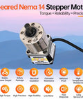 Beefy 19.19:1 Geared Nema 14 Stepper Motor With Integrated Planetary Gearbox shown with features icons and labels.