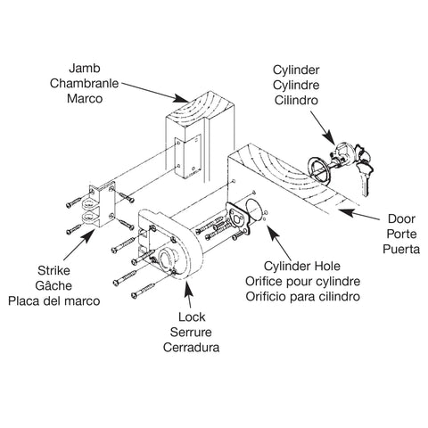 Diagram showing installation of Jimmy-Proof Deadbolt With Solid Bronze Alloy And Brushed Brass Finish, single cylinder, parts labeled.