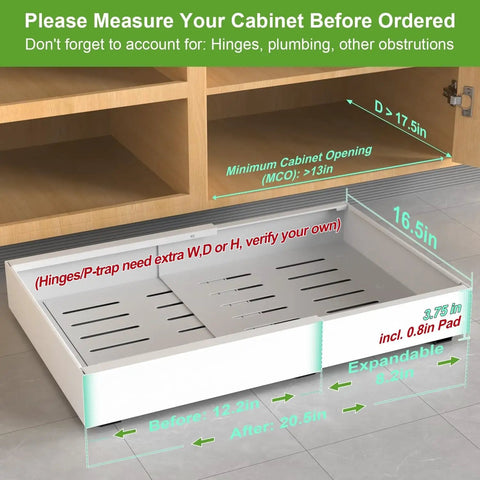 Measurement guide for Heavy Duty Two Pack Expandable Pull Out Cabinet Organizer With Slick Full Extension Slides And No Sweat Adhesive Setup For Smooth Rolling Shelves That Handle Ninety Pounds In Clean White Finish.