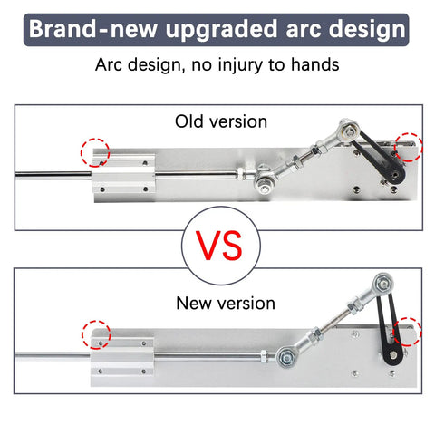 Comparison of upgraded arc design for 24V DIY reciprocating linear actuator, showing new vs. old versions for safer automation projects.