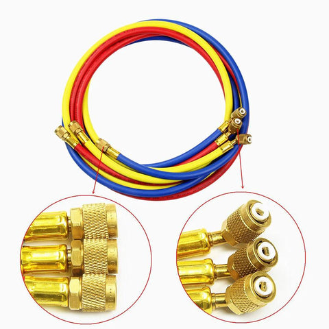 ANTFEES 3-piece, 72-inch refrigerant charging hose set; color-coded red, blue, yellow with brass knurled fittings.