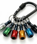 Colorful Six Piece One Quarter Inch Hex Shank Drill Bit Holder Keychain with Push to Unlock Aluminum Alloy Body and carabiner clip