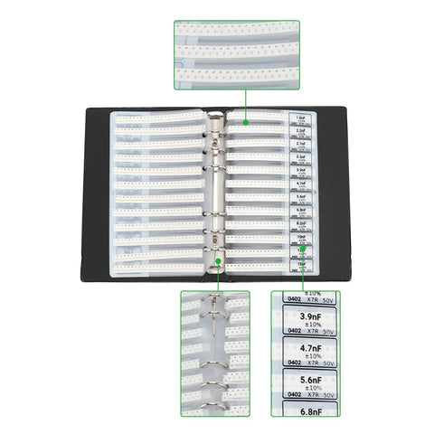Capacitor Sample Kit For Engineers And Students, 84 Value Types With 50 Pieces Each, Total 4200 Capacitors, Ceramic Caps Book Featuring COG X7R X5R Dielectrics, Clear ID Labels, Perfect For Projects, Labs, And Classrooms. Open binder of labeled ceramic capacitors