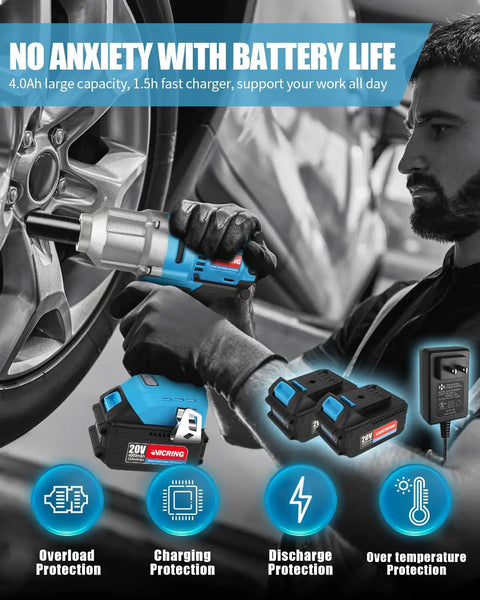 Man using 20V Cordless Impact Wrench Half Inch Drive with 370 ft-lbs torque on car tire, with 4.0Ah battery and fast charger visible
