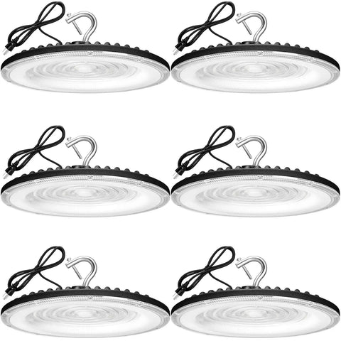 Six Pack 150W UFO LED High Bay Lights With Plug, Crazy Bright, 21050 Lumens, 5000K Daylight for warehouses and workshops