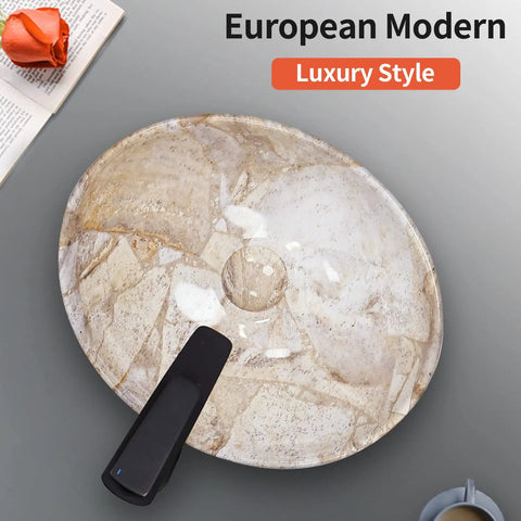 Oval Marble Vessel Sink With Pop Up Drain For Above Counter Bathroom Ceramic Vessel Sink With Nordic Marbling