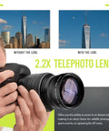 Deluxe Lens Kit For Rebel DSLRs 2.2x telephoto lens showcasing zoom effect on cityscape with Canon camera, focus on lens details.