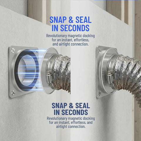 Magnetic Dryer Vent Hose With Airtight Seal Reduces Lint By Ninety Percent showing magnetic coupling and airtight seal