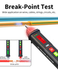 Non Contact Voltage Detector Pen 12 To 1000V AC With Adjustable Sensitivity For Electricians And DIYers Home Safety Live Wire Finder And Circuit Tester showing break-point test on wires with LED indicators.