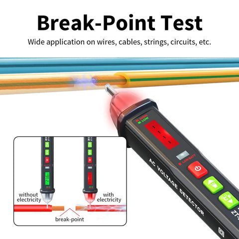 Non Contact Voltage Detector Pen 12 To 1000V AC With Adjustable Sensitivity For Electricians And DIYers Home Safety Live Wire Finder And Circuit Tester showing break-point test on wires with LED indicators.
