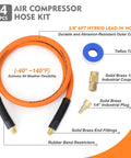 Top Shelf Hybrid Air Compressor Hose 3/8 X 6 Foot Lead In Line showcasing solid brass couplers and rubber bend restrictors.