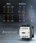 Diagram showing Beefy 3 Pole 30 Amp AC Contactor With 1NO 1NC Aux Contacts, highlights DIN rail mounting and connection points.