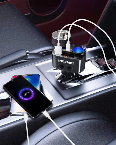 Dual Cigarette Lighter Splitter Car Charger With Independent Switches 200W Peak Power USB C PD 3.0 20W And QC 3.0 in car console