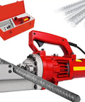 Heavy Duty Handheld Electric Hydraulic Rebar Cutter Saw 1250W Cuts 4 To 20Mm Rebar In Seconds Portable Cutting Machine With Stainless Steel Carry Case Rc-20 with red handle and cutting blade.