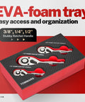 TOMMARS stubby ratchet set with 1/4", 3/8", 1/2" drive handles in a red display box.