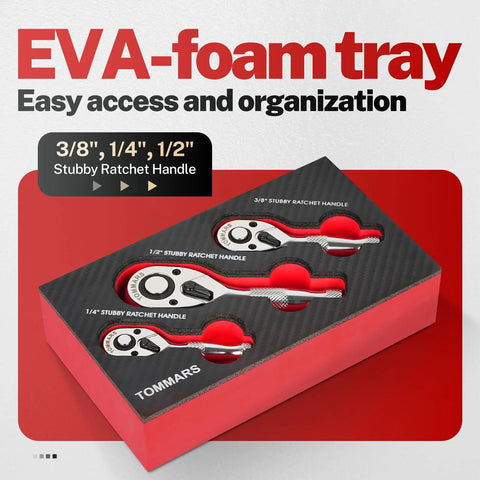TOMMARS stubby ratchet set with 1/4", 3/8", 1/2" drive handles in a red display box.