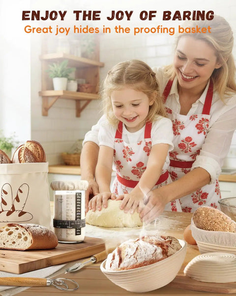 Mother and daughter using Complete Sourdough Starter Kit For Beginners And Bakers with banneton and whisk in kitchen.