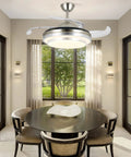 Dining room with 36 Inch Retractable Ceiling Fan With Lights And Remote Smart Dimmable Led Fandelier Lit for modern decor.