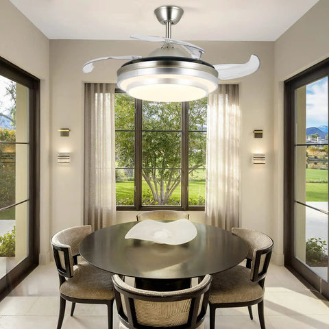 Dining room with 36 Inch Retractable Ceiling Fan With Lights And Remote Smart Dimmable Led Fandelier Lit for modern decor.
