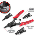 Go To Five Piece Interchangeable Jaw Snap Ring Plier Set With Straight 45 Degree And 90 Degree Angles For Internal And External Rings Includes Four Tip Assemblies And Vinyl Grip Handles For Precise Control displayed with red handles and four black interchangeable tips.
