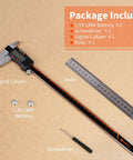 Package contents with 12 Inch Digital Caliper With Large LCD Screen Auto Off Pro Grade Digital Vernier Ruler, batteries, and tools.