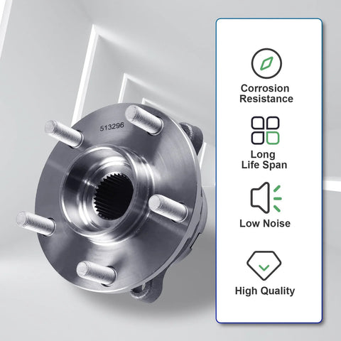 2 Pack Front Wheel Hub And Bearing Assembly For Infiniti JX35 QX50 QX60 Altima Maxima Murano Pathfinder And Nissan 5 Lug With Abs Integrated 4 Hole Flange Precise Fit Part 513296 Interchangeable With 402023JA0A, front view with features