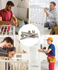 Four men assembling cribs and bunk beds with Crib Bunk Bed Hardware Replacement Kit Stainless Steel M6 Hex Socket Head Cap Screws And Barrel Nuts Assortment With 1 Wrench 61 Piece Furniture Fastener Set For Cribs And Home Repairs in the center.