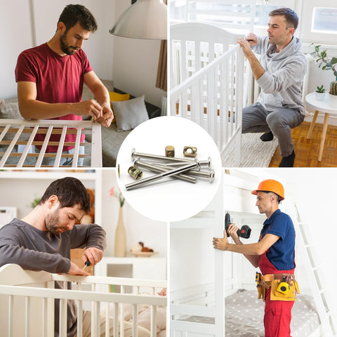 Four men assembling cribs and bunk beds with Crib Bunk Bed Hardware Replacement Kit Stainless Steel M6 Hex Socket Head Cap Screws And Barrel Nuts Assortment With 1 Wrench 61 Piece Furniture Fastener Set For Cribs And Home Repairs in the center.