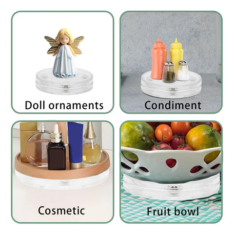 Top Tier Heavy Duty 3 Inch Clear Acrylic Lazy Susan With Hella Smooth Swivel Bearings used for doll ornaments, condiments, cosmetics, and fruit.