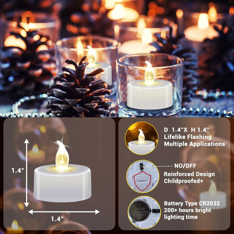 LED Tea Lights With Batteries 24 Pack For Romantic Evenings And Home Decor Long Lasting Flameless Candles With Over 200 Hours Of Warm White Light Perfect For Valentine Dinners, Wedding Table Centerpieces, And Cozy Home Ambience, shown in glass holders with pine cone decor.