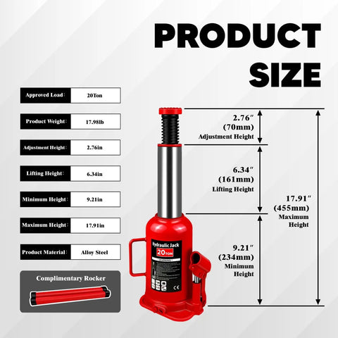 Beefy 20 Ton Hydraulic Bottle Jack With 9.2 To 17.9 Inch Lifting Range Multi Directional Welded Car Jack For Cars Trucks RVs Pickup Auto Repair Color Box Included