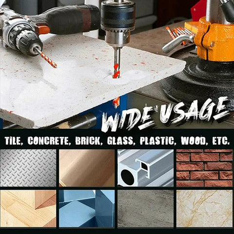 Kickass 10 Piece Triangle Diamond Drill Bit Set For Mosaic Tile Concrete Brick Glass Wood And Stone Precision Cutting Tool in action on various materials.
