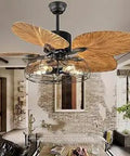 Industrial Cage Ceiling Fan 52 Inch With Five Lights Remote Control Palm Blade Design Black Finish Quiet Vintage Tropical Style Indoor Chandelier Fan For Living Room Bedroom Cool Vibe