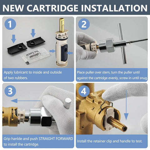 Steps for installing Shower Cartridge Replacement Kit For Moen 1222 Posi Temp Valves with 104421 puller and brass core cartridge.