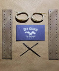 Handcrafted Large Loop Leather Lever Wrap Set for Handguns Light Brown Cowhide With Sinew Waxed Thread laid on leather surface