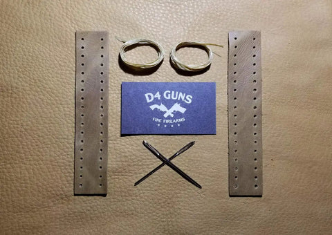 Handcrafted Large Loop Leather Lever Wrap Set for Handguns Light Brown Cowhide With Sinew Waxed Thread laid on leather surface