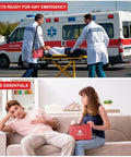 Gevoke 410-piece waterproof hard-shell first aid kit, red; shown in ambulance scene and home living room.