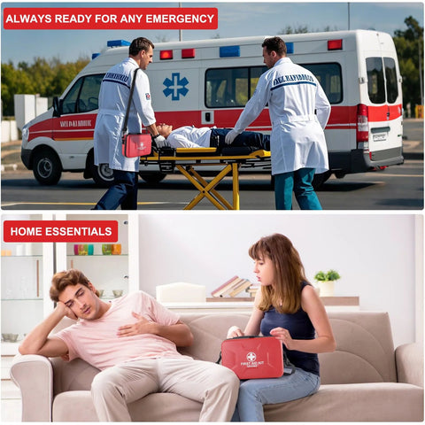 Gevoke 410-piece waterproof hard-shell first aid kit, red; shown in ambulance scene and home living room.