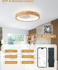 24 Inch Wood Fandelier Ceiling Fan With Integrated Light Flush Mount Frame Features Six Adjustable Speeds And Sleek App Interface shown with remote control.