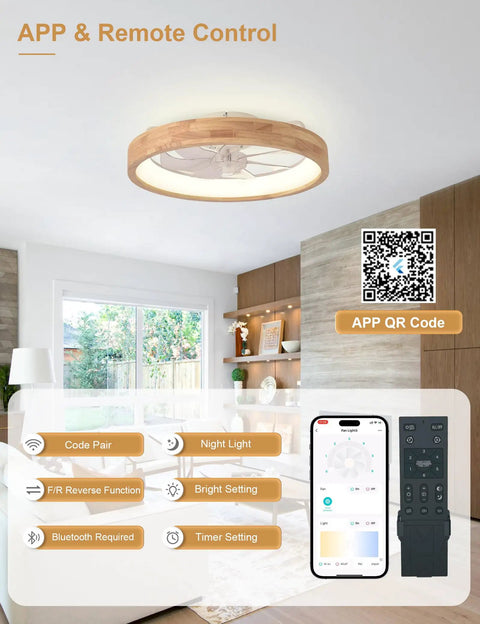 24 Inch Wood Fandelier Ceiling Fan With Integrated Light Flush Mount Frame Features Six Adjustable Speeds And Sleek App Interface shown with remote control.