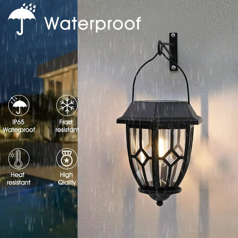 Dope Hexagon Solar Lanterns Outdoor Waterproof Hanging Lights on wall in rain with warm LED filament glow