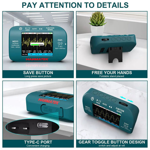 On The Go Handheld Digital Oscilloscope With 10MHz Bandwidth 48MSaS featuring save button and USB charging port