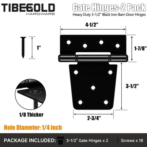 Heavy Duty Gate Hinges Black Iron T Strap Hinges for Barn Doors and Fences 2 Pack with Extra Long Screws dimensions chart