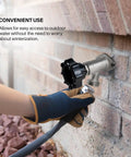 Person attaching hose to 10 Inch Frost Free Sillcock Outdoor Faucet With Chrome Plated Brass Body Half Inch PEX Inlet To Three Quarter Inch Male Hose Thread Outlet Lead Free Built For Year Round Use And No Freeze Drama In Your Yard on house wall.