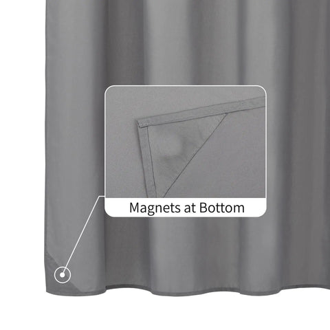 Stall Fabric Shower Curtain Liner Waterproof And Machine Washable 48x72 Grey with Magnetic Closures, close-up showing magnets at bottom.