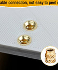 Close-up of installed 1/4-20 Brass Heat-Set Threaded Inserts For 3D Printing, 32 Pack in white thermoplastic, stable connection shown.