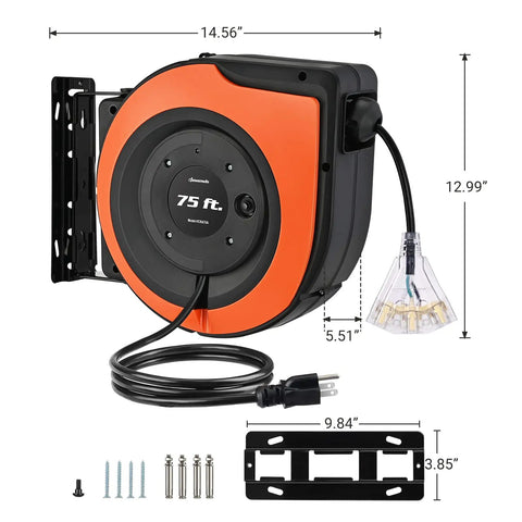 Retractable 75 Ft Heavy Duty Extension Cord Reel with 14/3C SJTOW cable, mounted, lighted triple tap outlets, wall or ceiling use