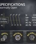Specifications for 4 Pole AC Contactor With 120V Coil Normally Open, 60A IEC 400V Rating, highlighting safety, endurance, reliability